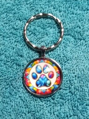 Colorful Paw Print Pet Keychain - Blue Accent